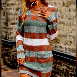 Cozy Plaid Knit Sweater Dress in Sage, Rust & White